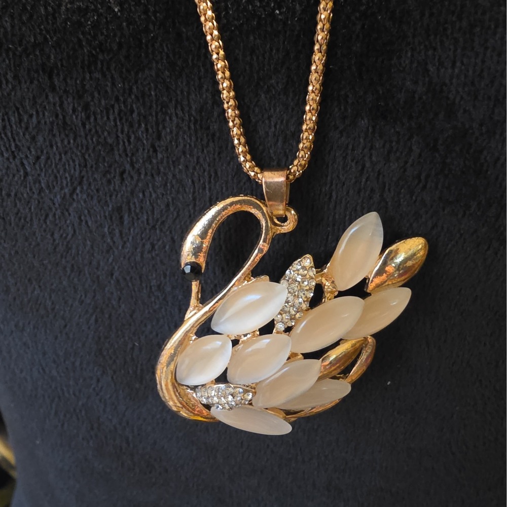 Swan Pendant With Moonstone Crystal Feathers on GoldTone Necklace